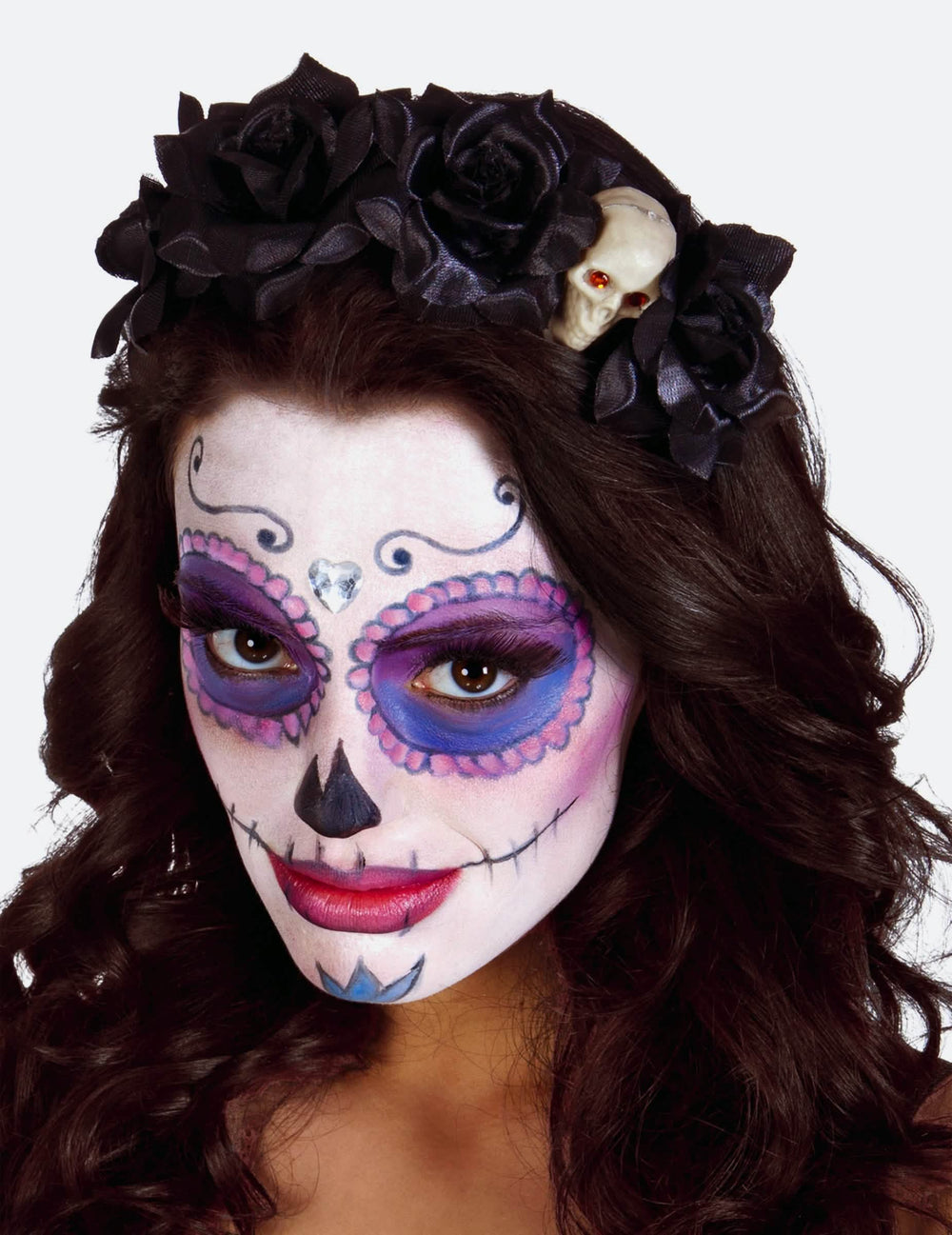 Čierny ružový čelenka s lebkou Dia de los muertos pre ženu