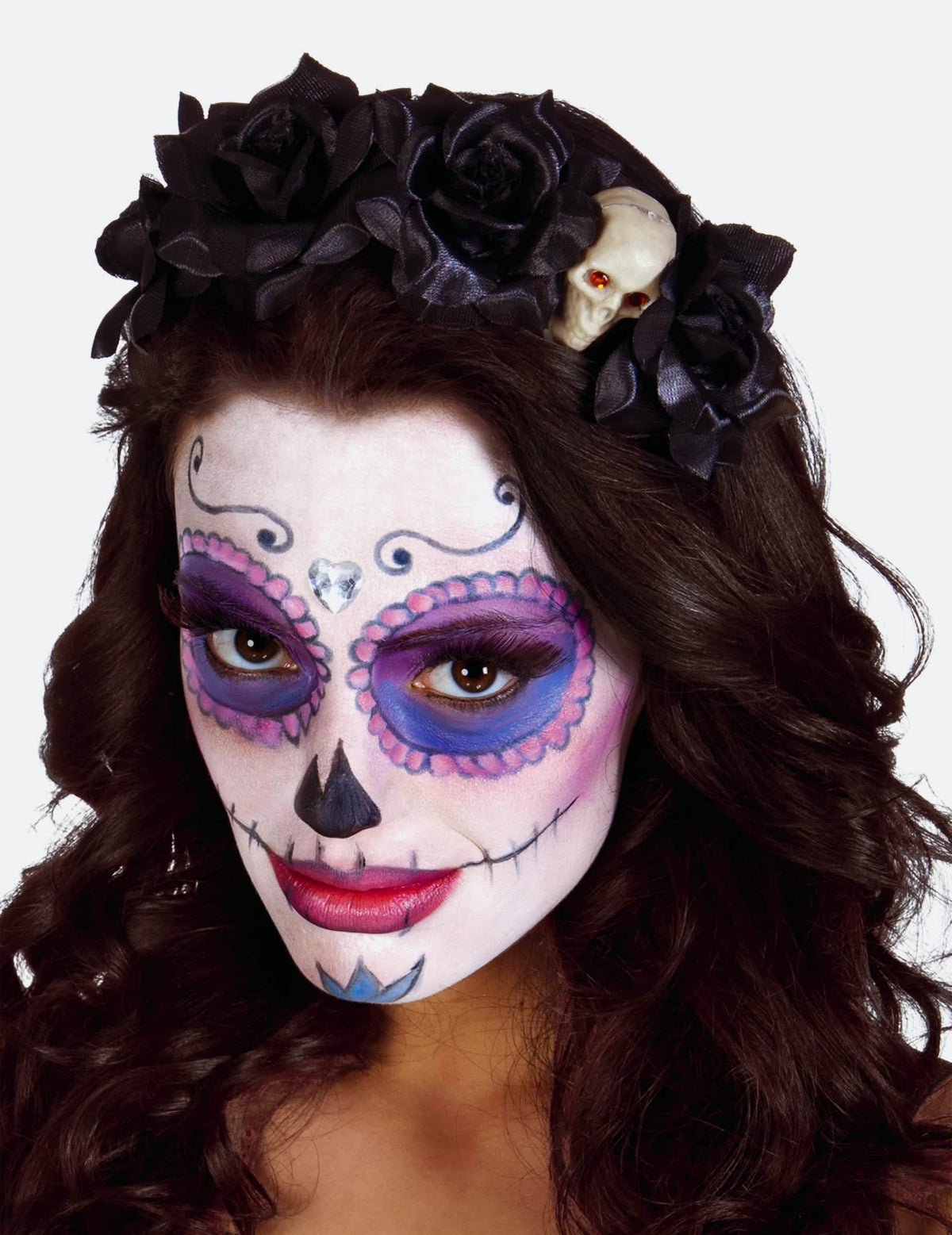 Čierny ružový čelenka s lebkou Dia de los muertos pre ženu