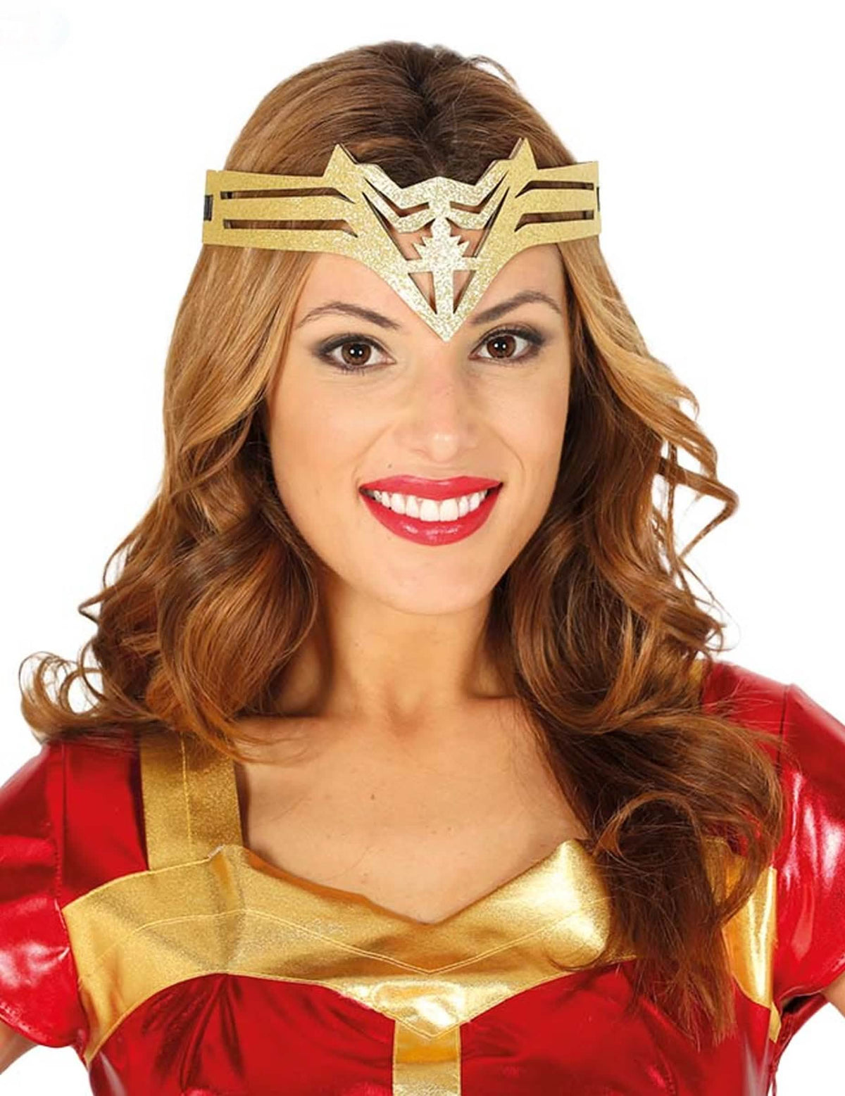 Ozdobná čelenka superhrdinka pre ženu zlatá a trblietavá