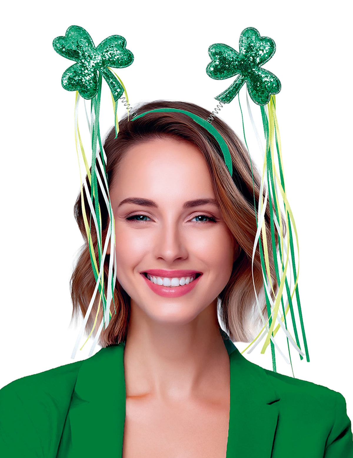 Vue de face du serre-tête trèfles avec rubans St Patrick