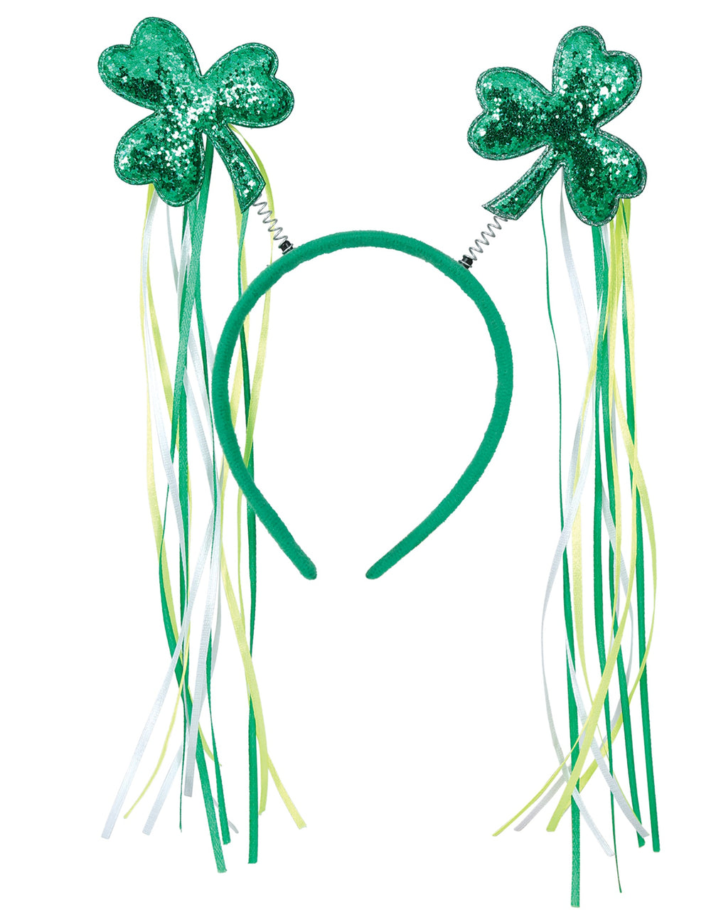 Détail des trèfles à paillettes et des rubans du serre-tête trèfles avec rubans St Patrick