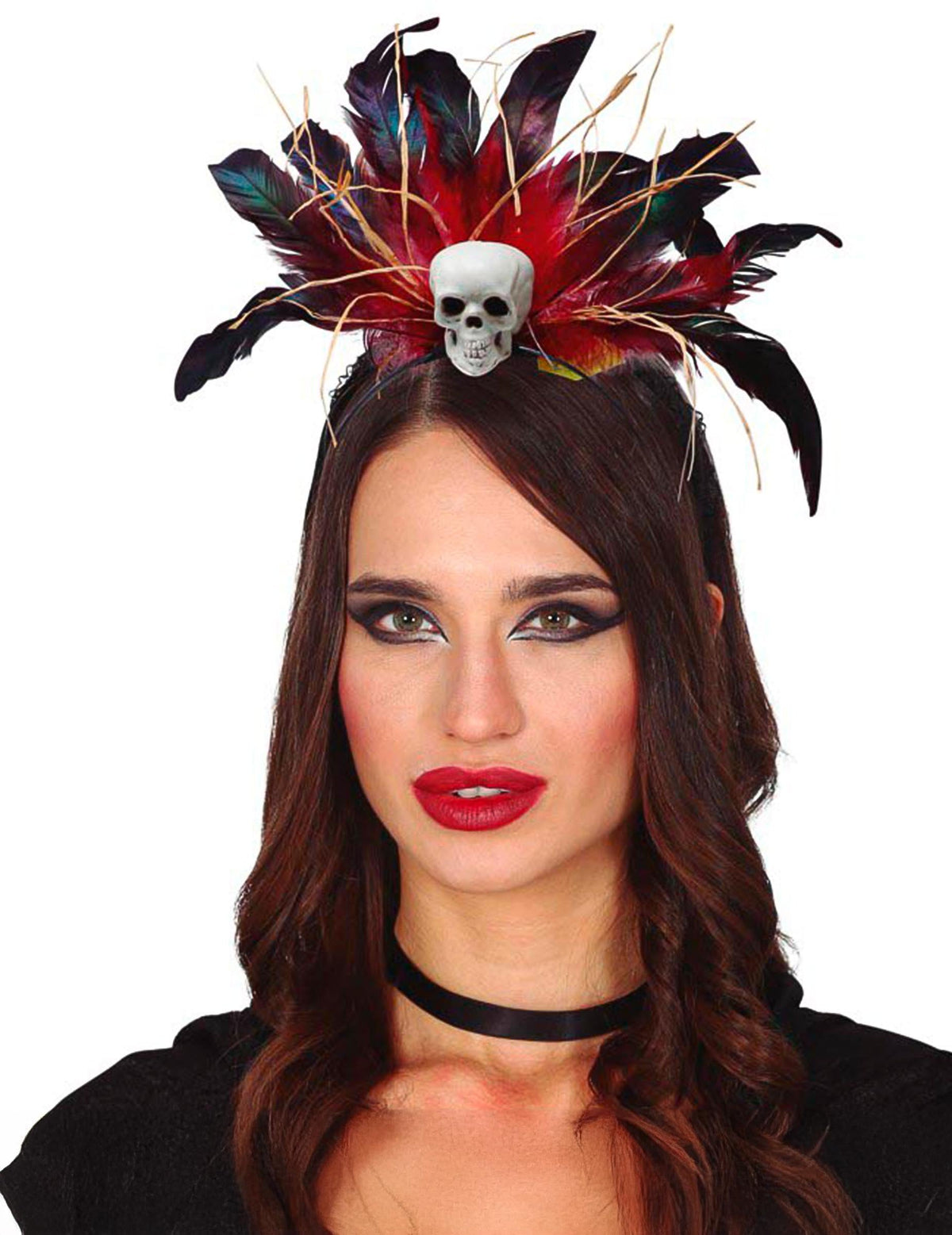 Serre-tête vaudou pour femme avec plumes rouges et noires, paille et petit crâne