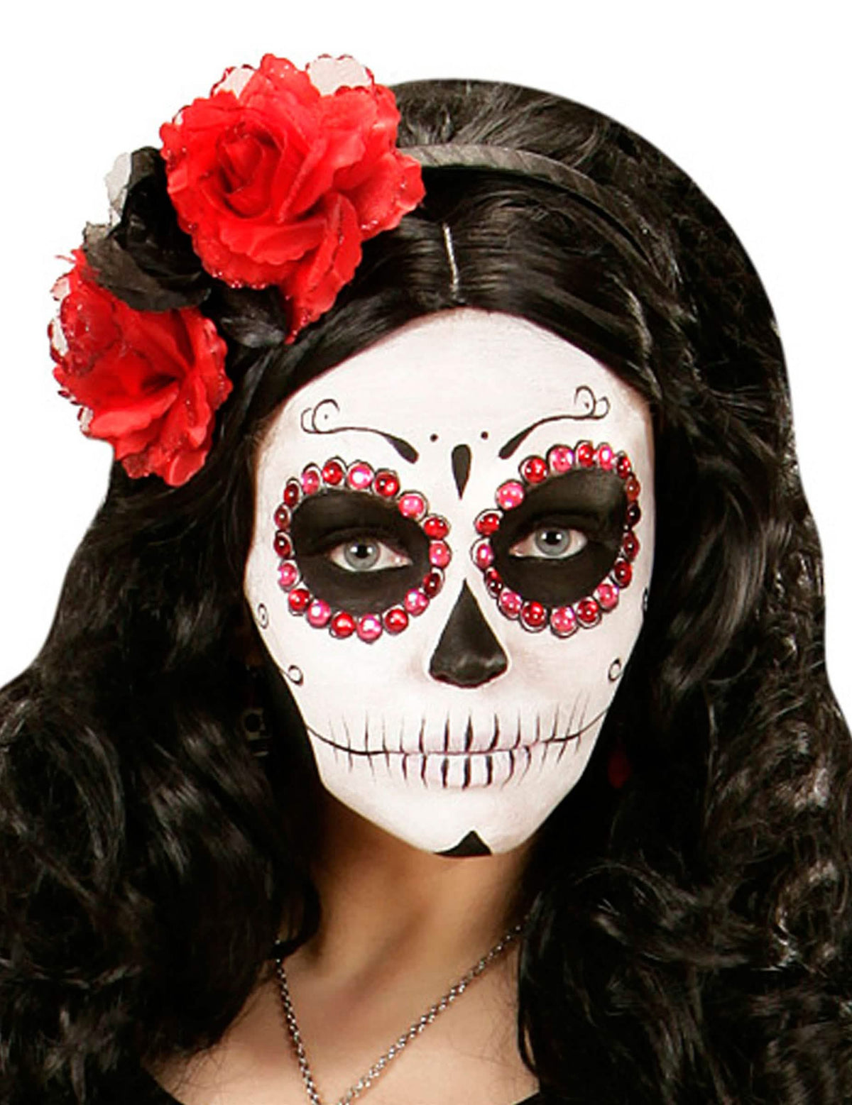 Čelenka Dia de los muertos pre ženu, červené a čierne kvety