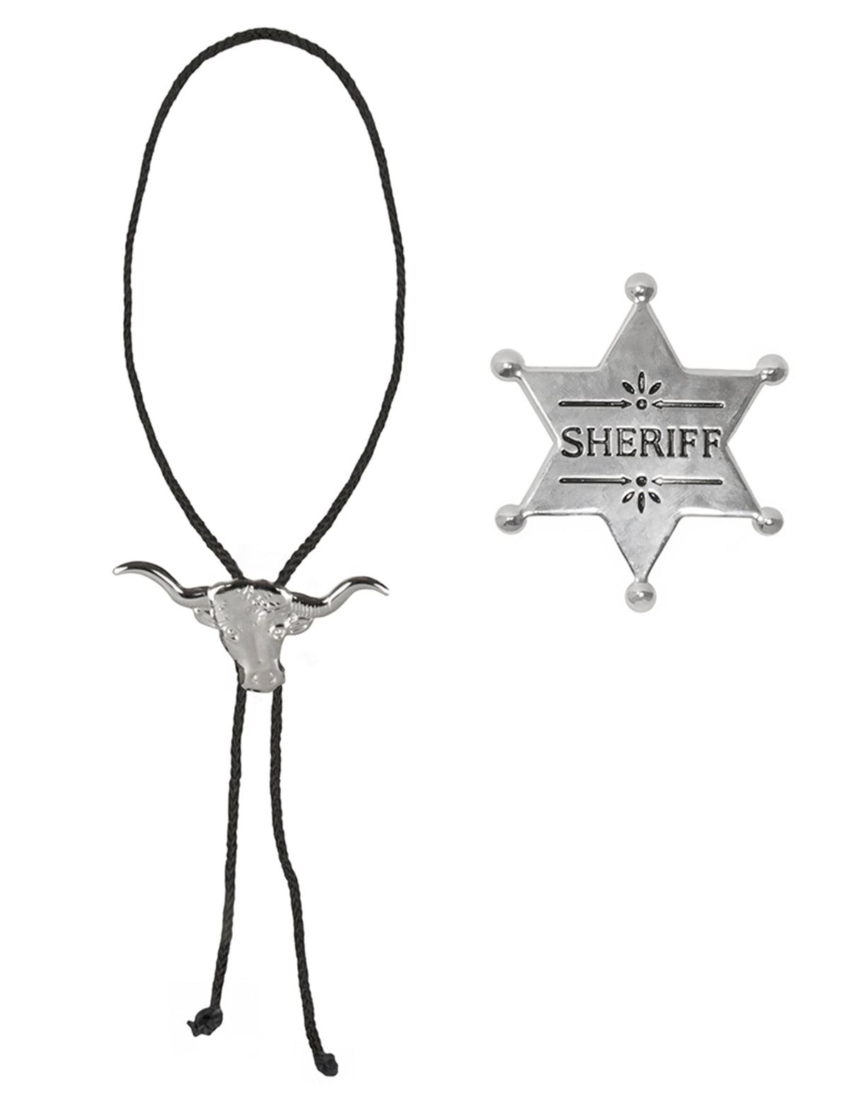 Détail du bolo tie et de l'étoile de shérif du set d'accessoires de cowboy
