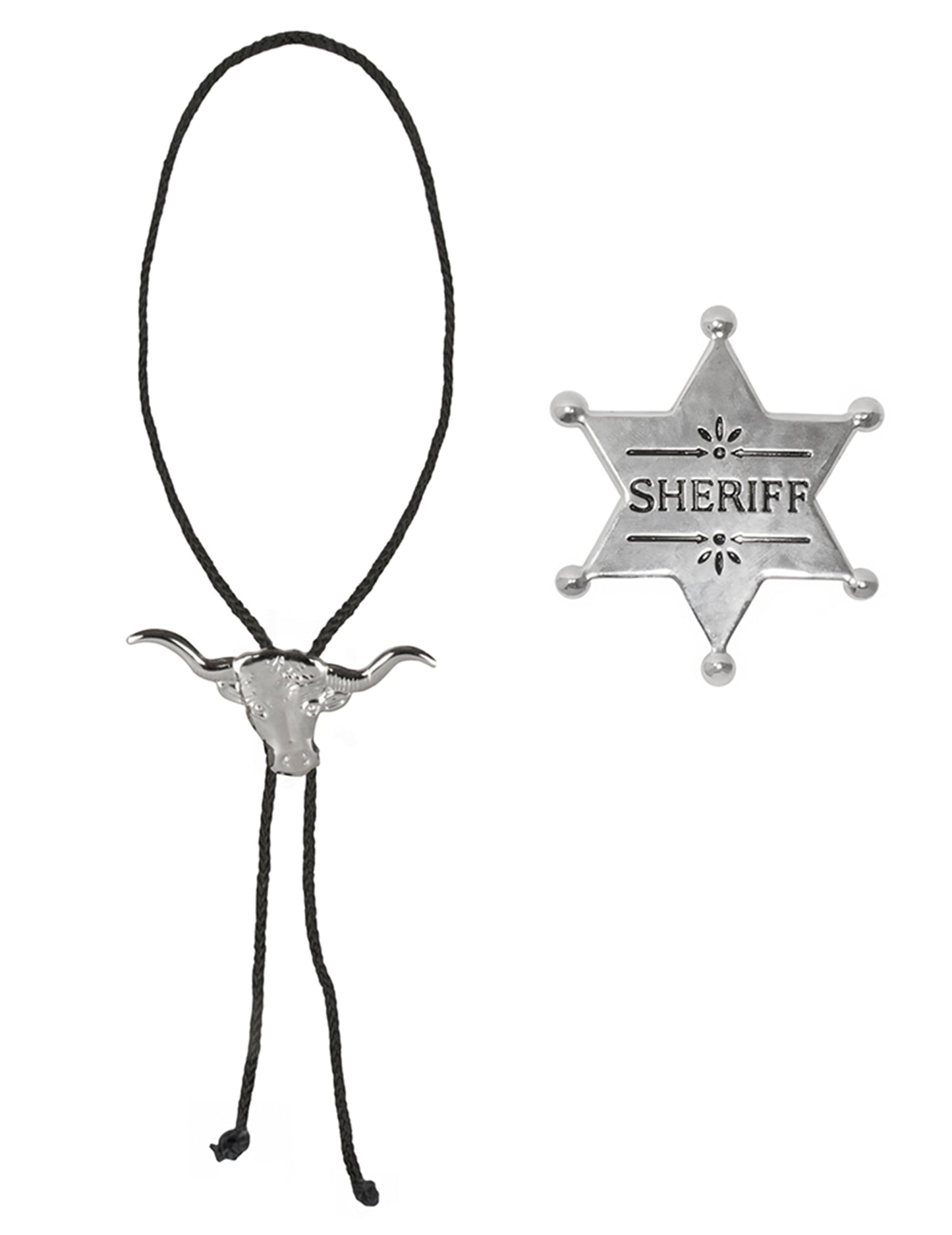 Détail du bolo tie et de l'étoile de shérif du set d'accessoires de cowboy