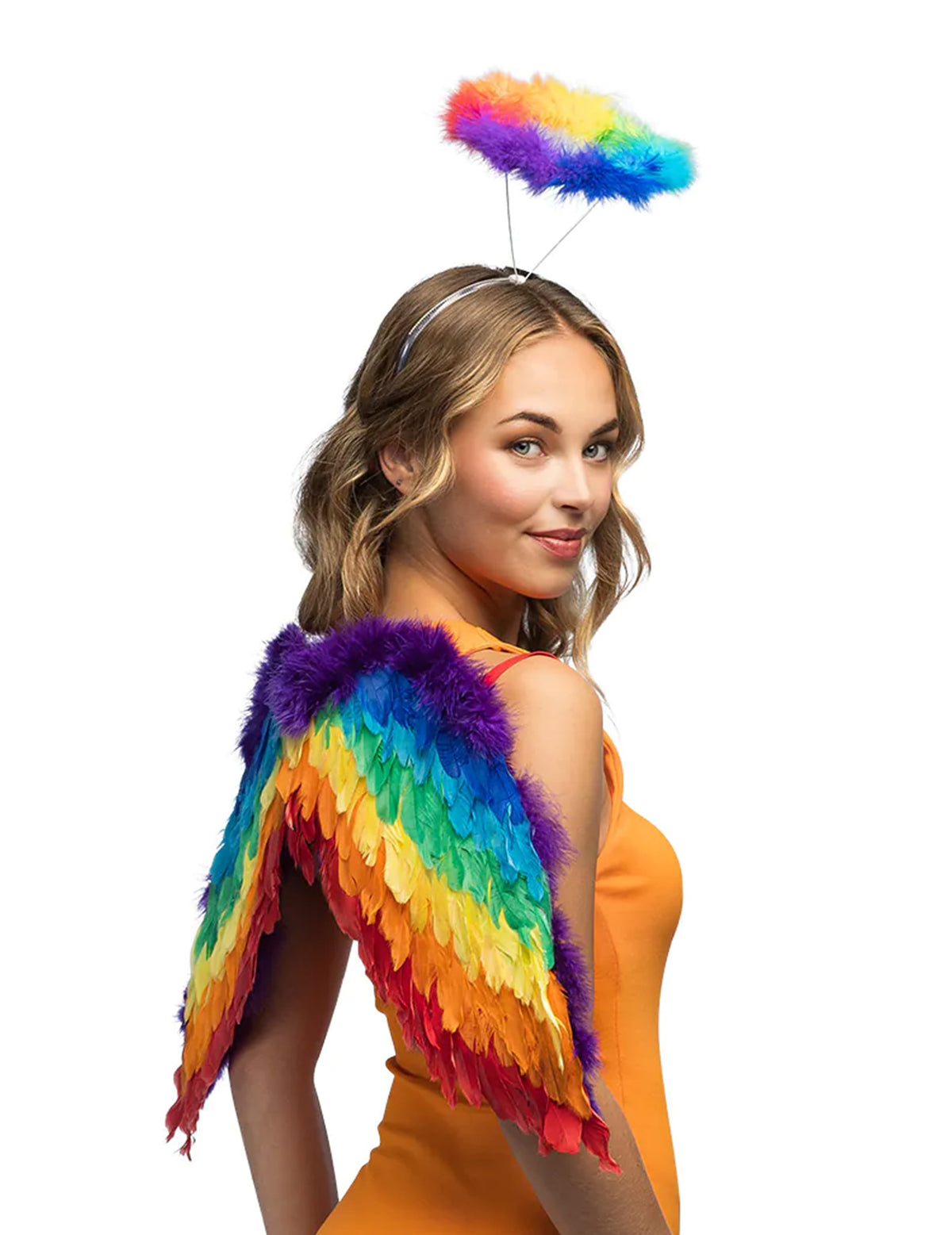 Set d'ange arc en ciel pour adulte multicolore avec ailes et auréole en plumes