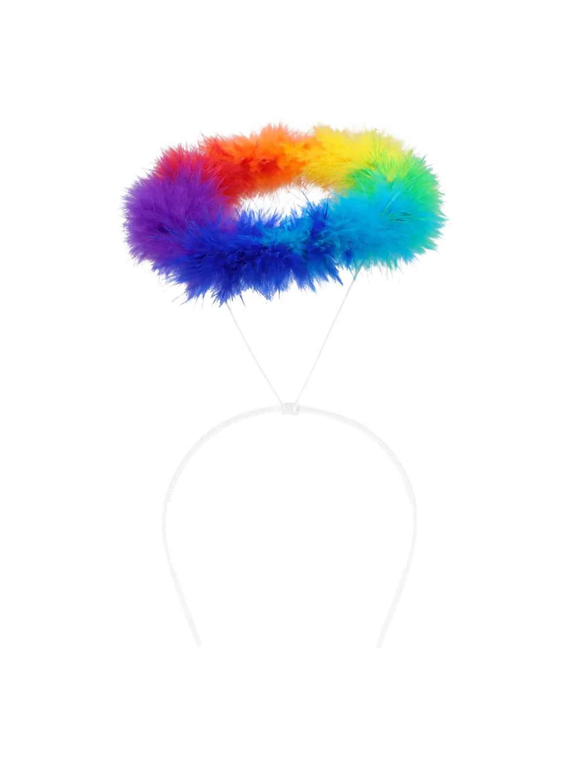 Détail de l'auréole en plumes du set d'ange arc en ciel