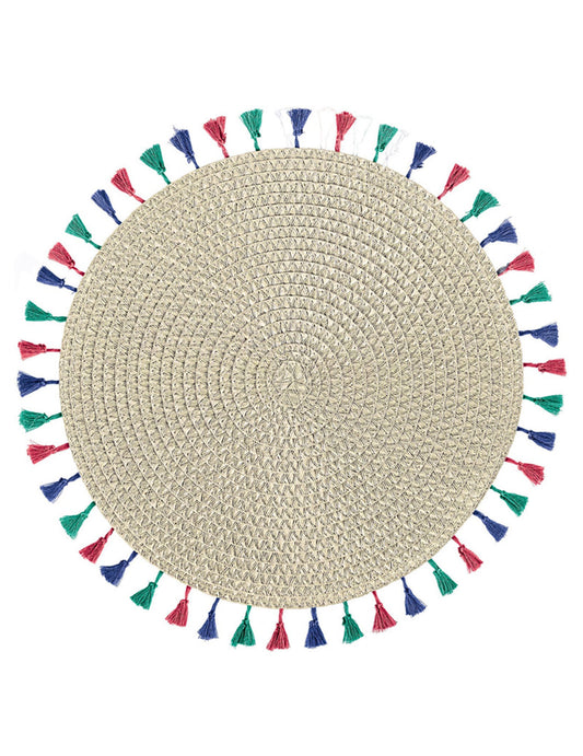 Set de table boho vibes beige rond avec pompons multicolores