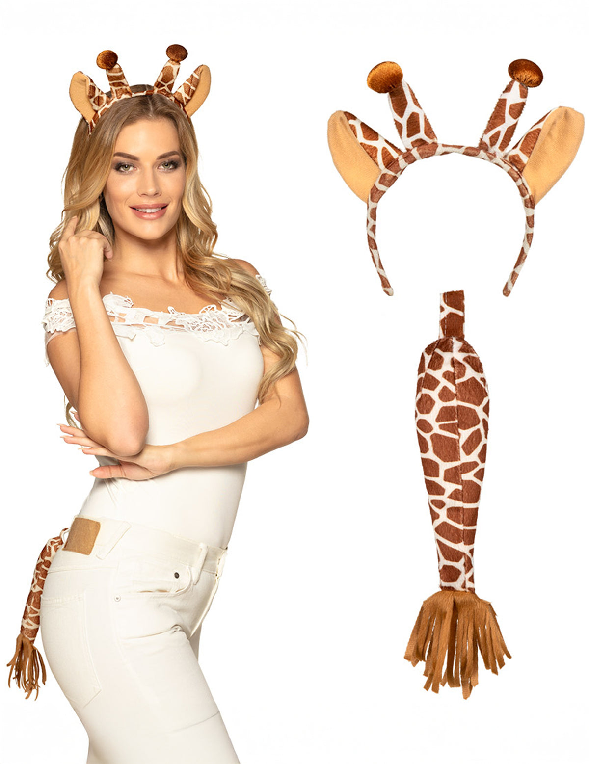 Set de girafe pour adulte marron et blanc avec serre-tête et queue