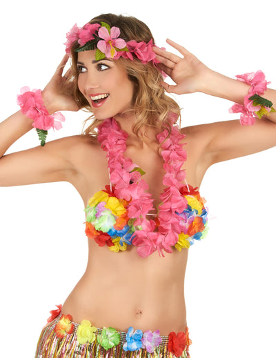 Set Hawaï pour adulte rose avec collier et couronne de fleurs