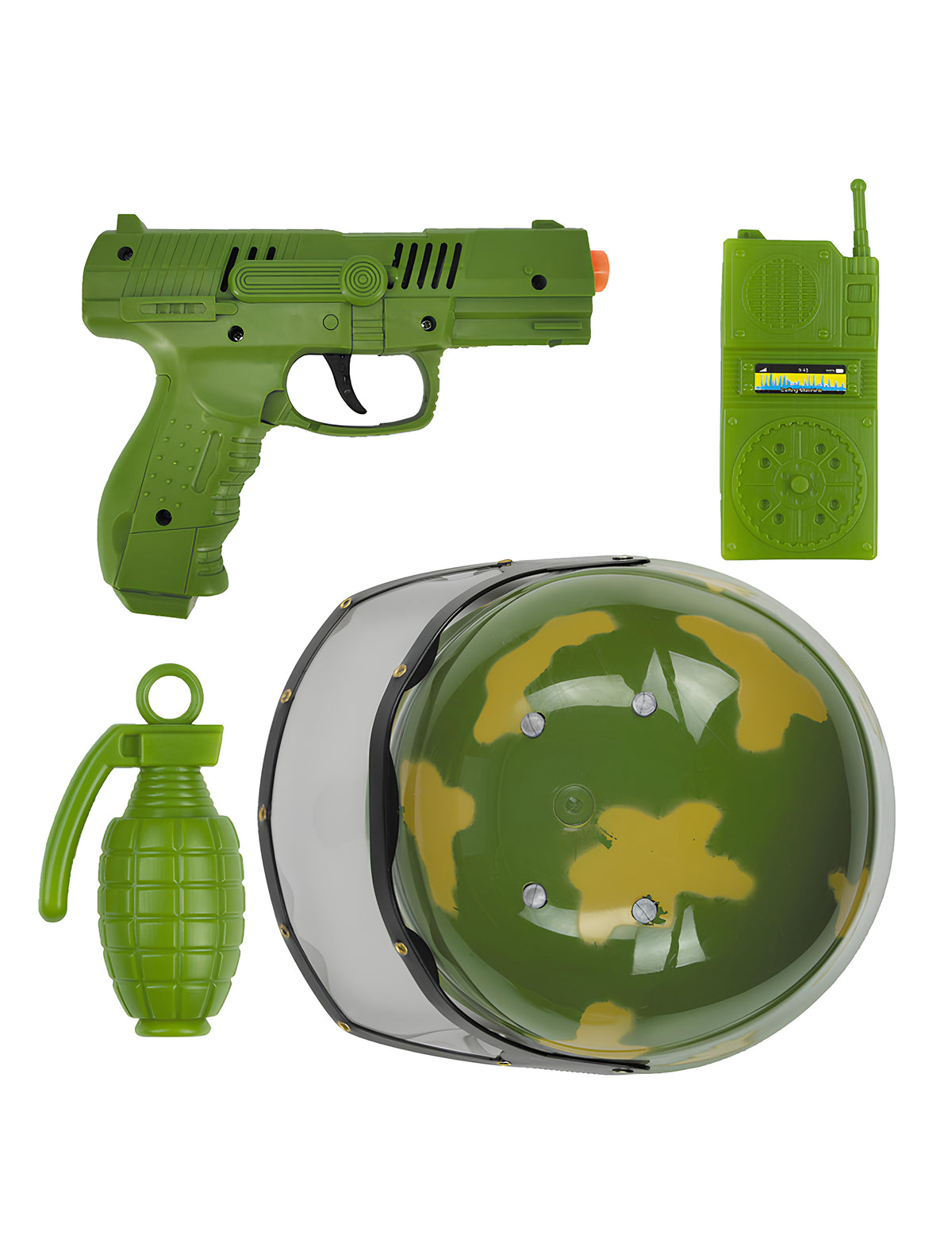 Set militaire pour enfant vert avec casque pistolet grenade et talkie-walkie