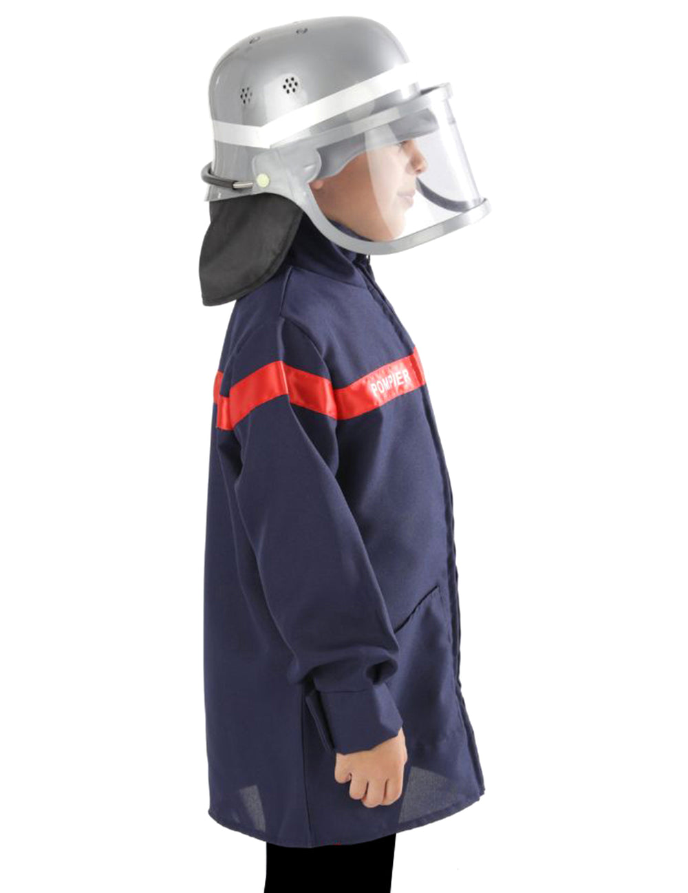 Vue de profil du set veste et casque de pompier pour enfant