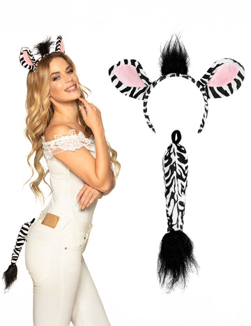 Ženský zebra kostým s čierno-bielymi pruhmi, vrátane čelenky a chvosta