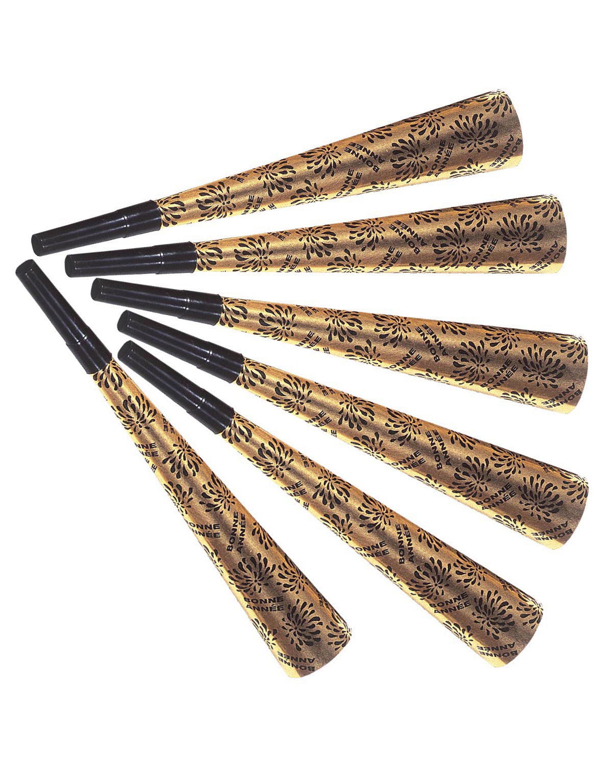 Lot de 6 trompettes Nouvel An pour fête dorées avec motifs feux d'artifice et texte Bonne Année