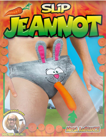 Slip humoristique tête de lapin pour homme gris avec oreilles et carotte