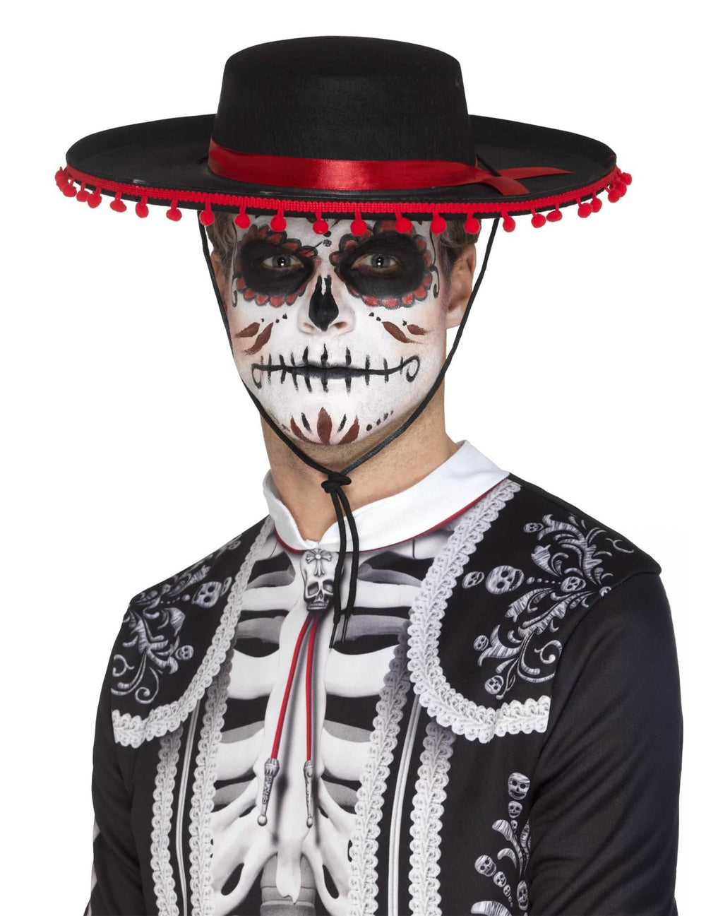 Sombrero Dia de los Muertos pre dospelý čierna s červenou stuhou a červenými pompóny