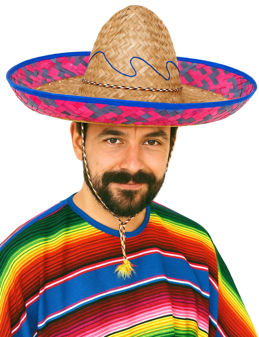 Mexický sombrero pre dospelého s ružovým a modrým okrajom