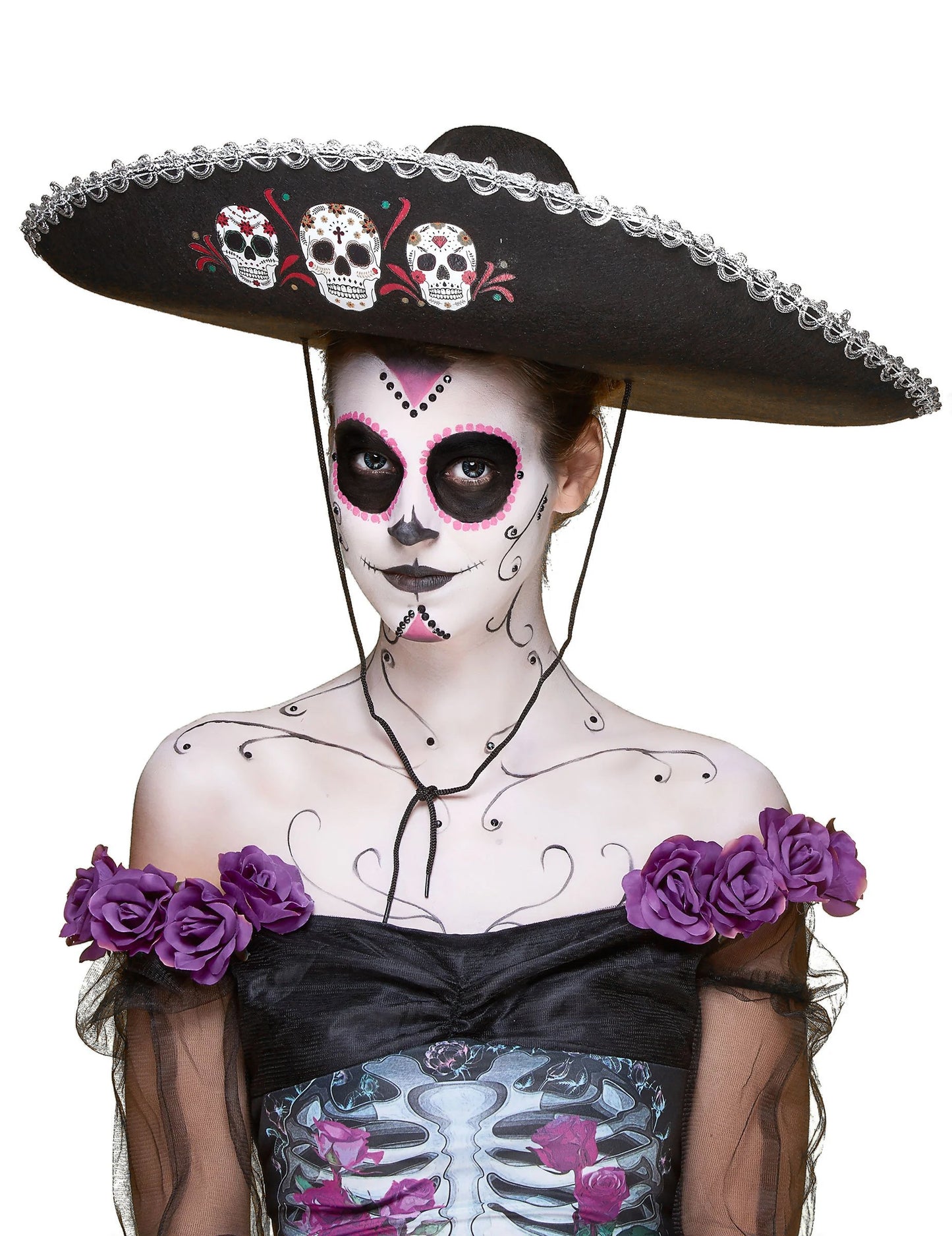 Black Sombrero Dia de los Muertos dospelých strieborných povrchov