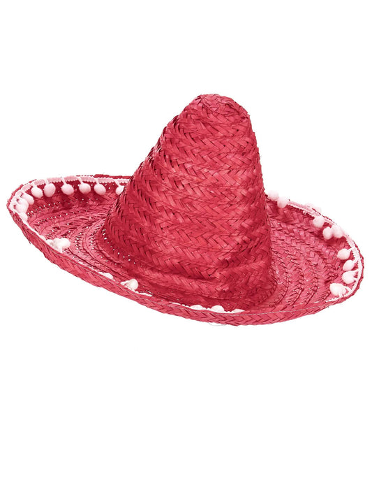 Bočný pohľad na červené dospelý sombrero s bielou okrajovou pompónovou ozdobou