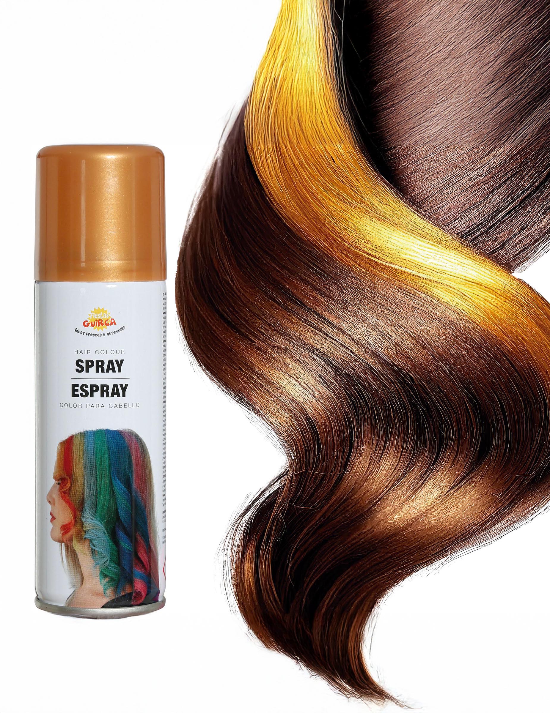 Detail zobrazenia zlatej farby na pramene spreja na vlasy