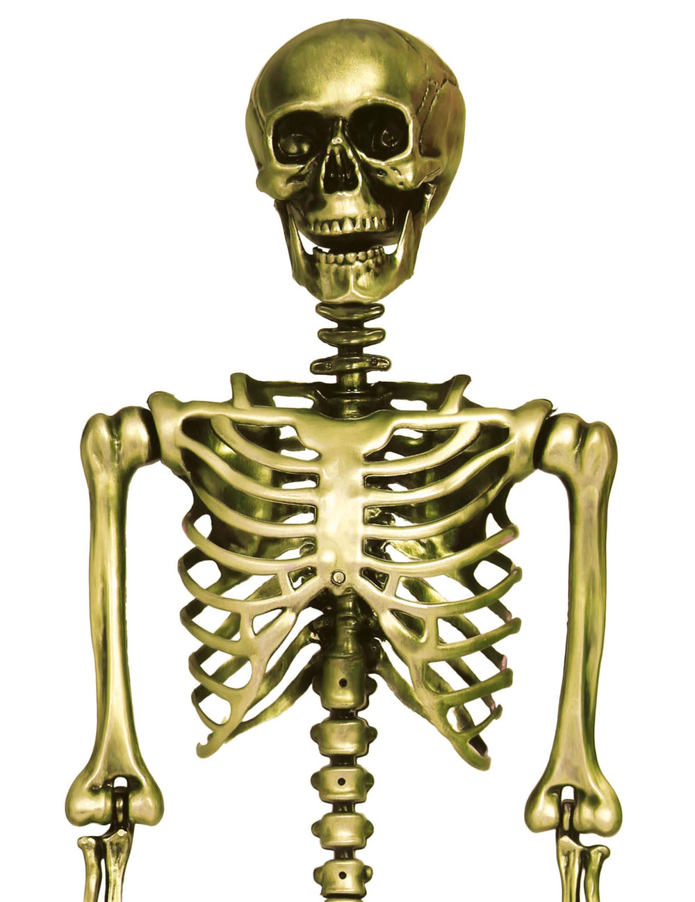 Gros plan sur le buste et le crâne du squelette à suspendre pour Halloween doré