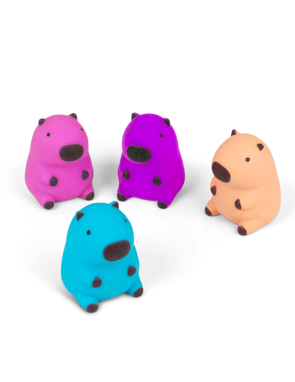 Vue des quatre coloris de la balle squishy capybara anti-stress