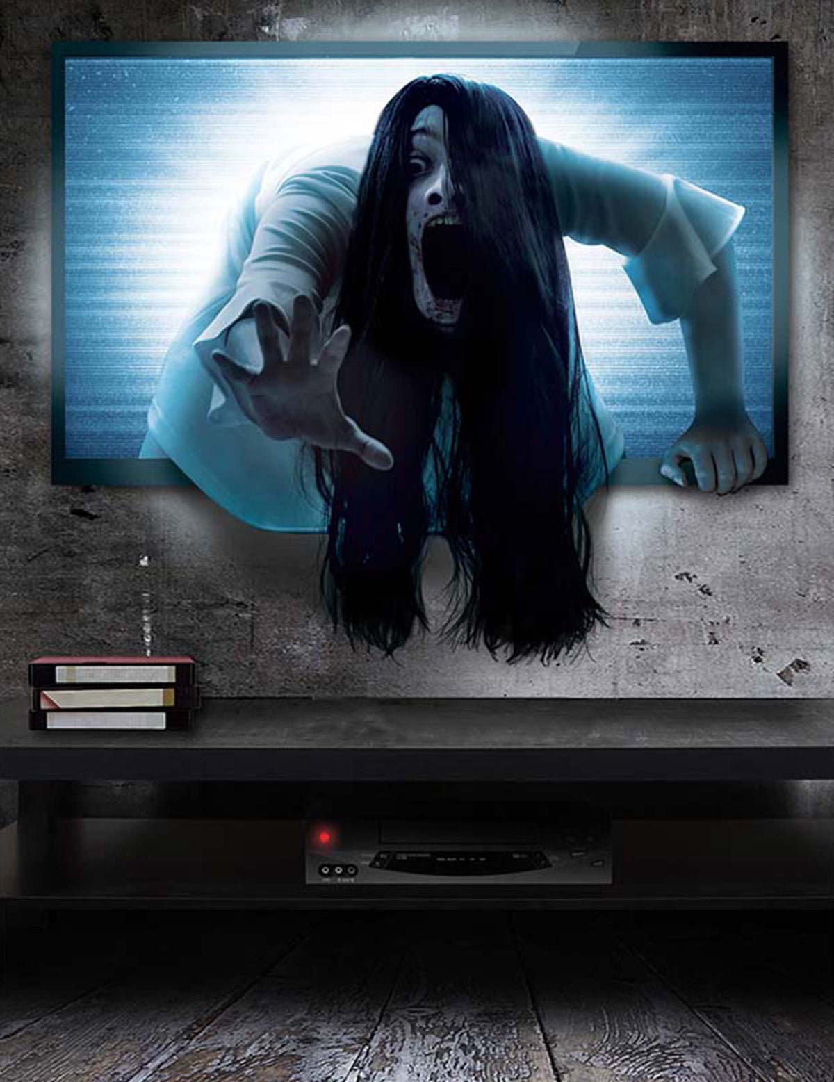 Sticker mural télé possédée pour décoration Halloween bleu et blanc