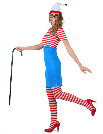 Vue de profil du déguisement de randonneur à rayures pour femme