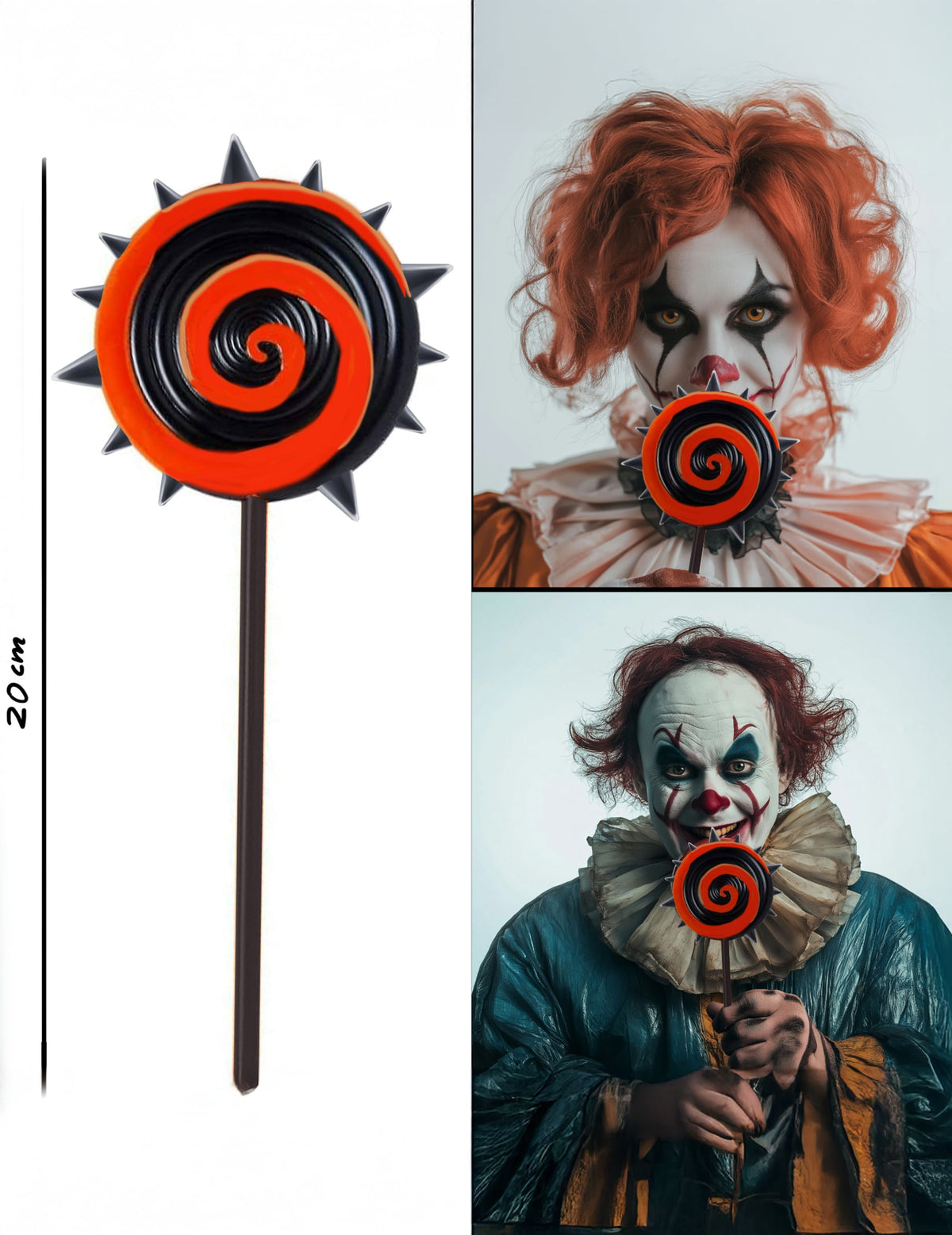 Différentes vues de la sucette horrifique pour Halloween rouge et noir avec pointes