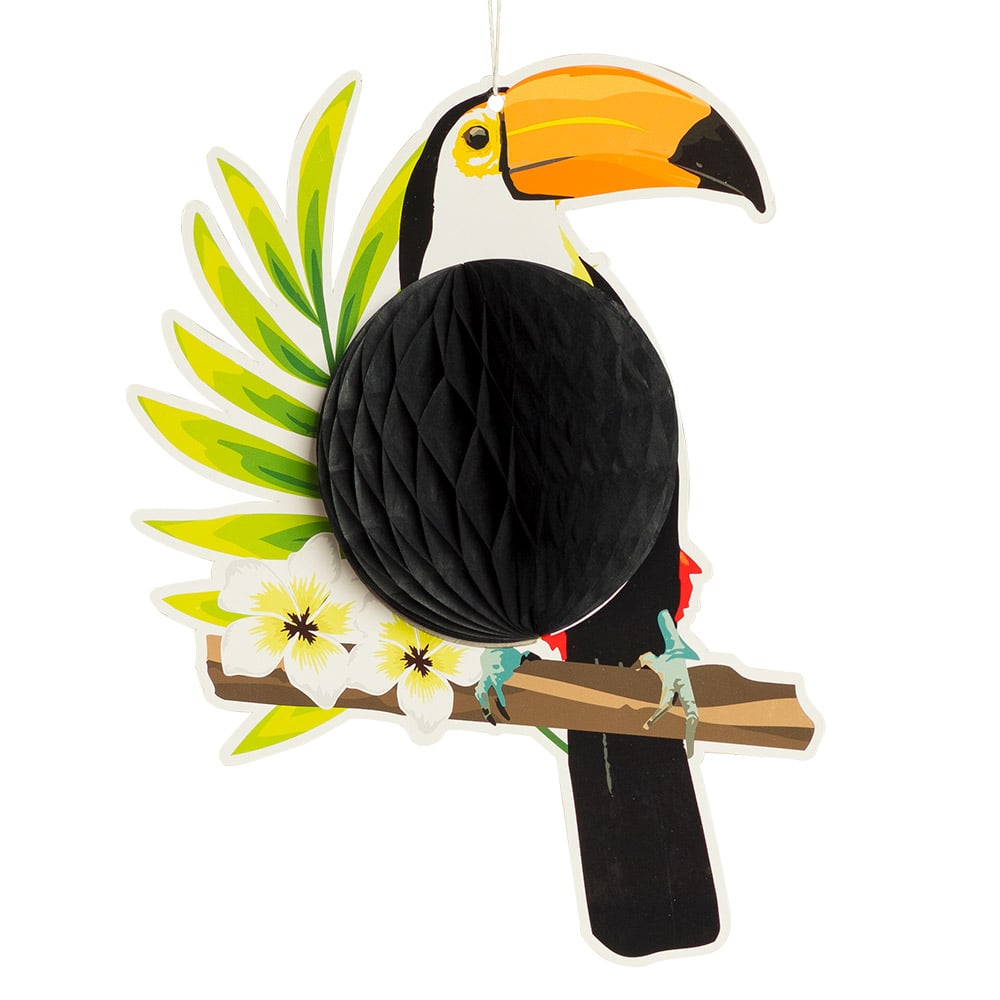 Suspension alvéolée toucan pour décoration tropicale noire et multicolore