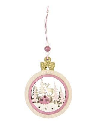 Suspension boule en bois village de Noël pour sapin rose avec cerf et paillettes dorées
