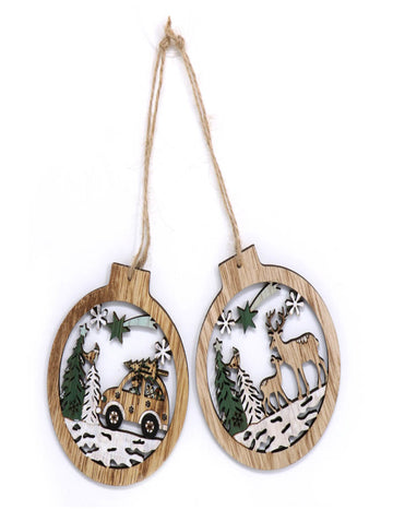 2 závesné drevené dekorácie zasnežený les 10 cm 