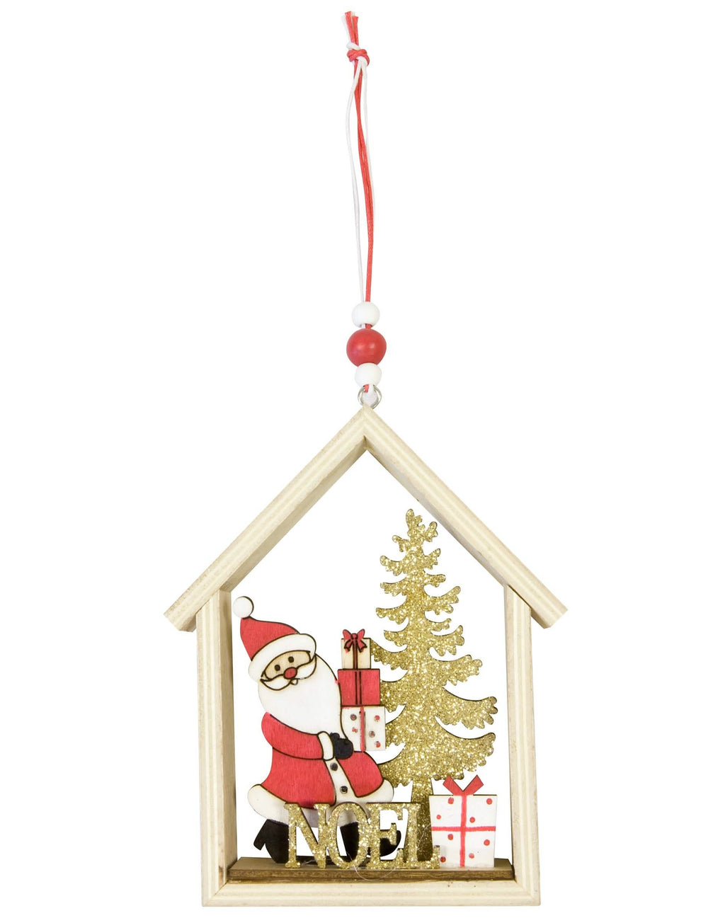 Suspension en bois Père Noël dans sa maison pour sapin rouge et doré