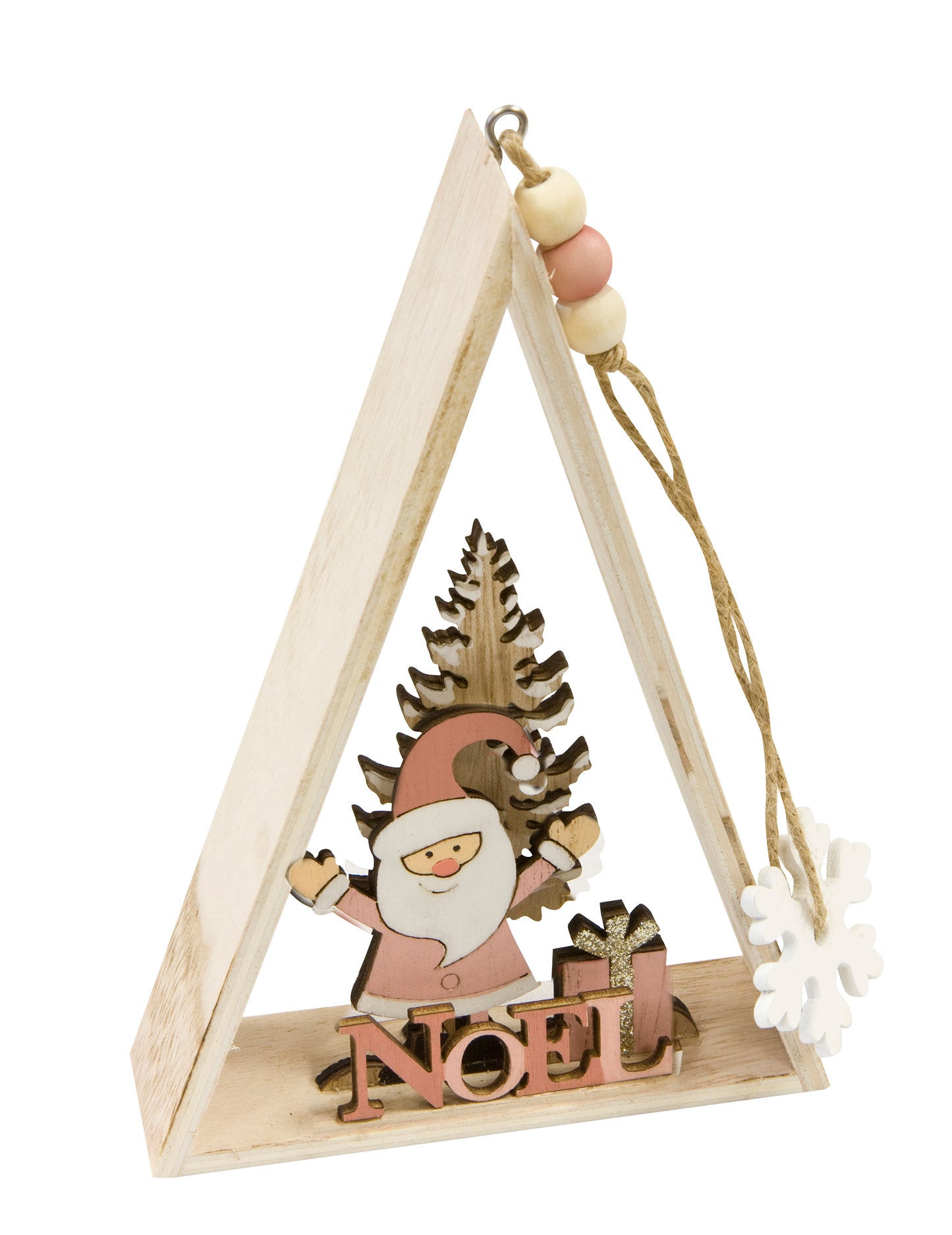 Drevený závesný dekoratívny trojuholník Santa Claus ružovej farby 29 x 6 x 3,5 cm
