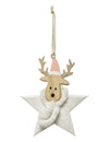Suspension en bois renne étoile pour sapin avec bonnet rose et écharpe blanche