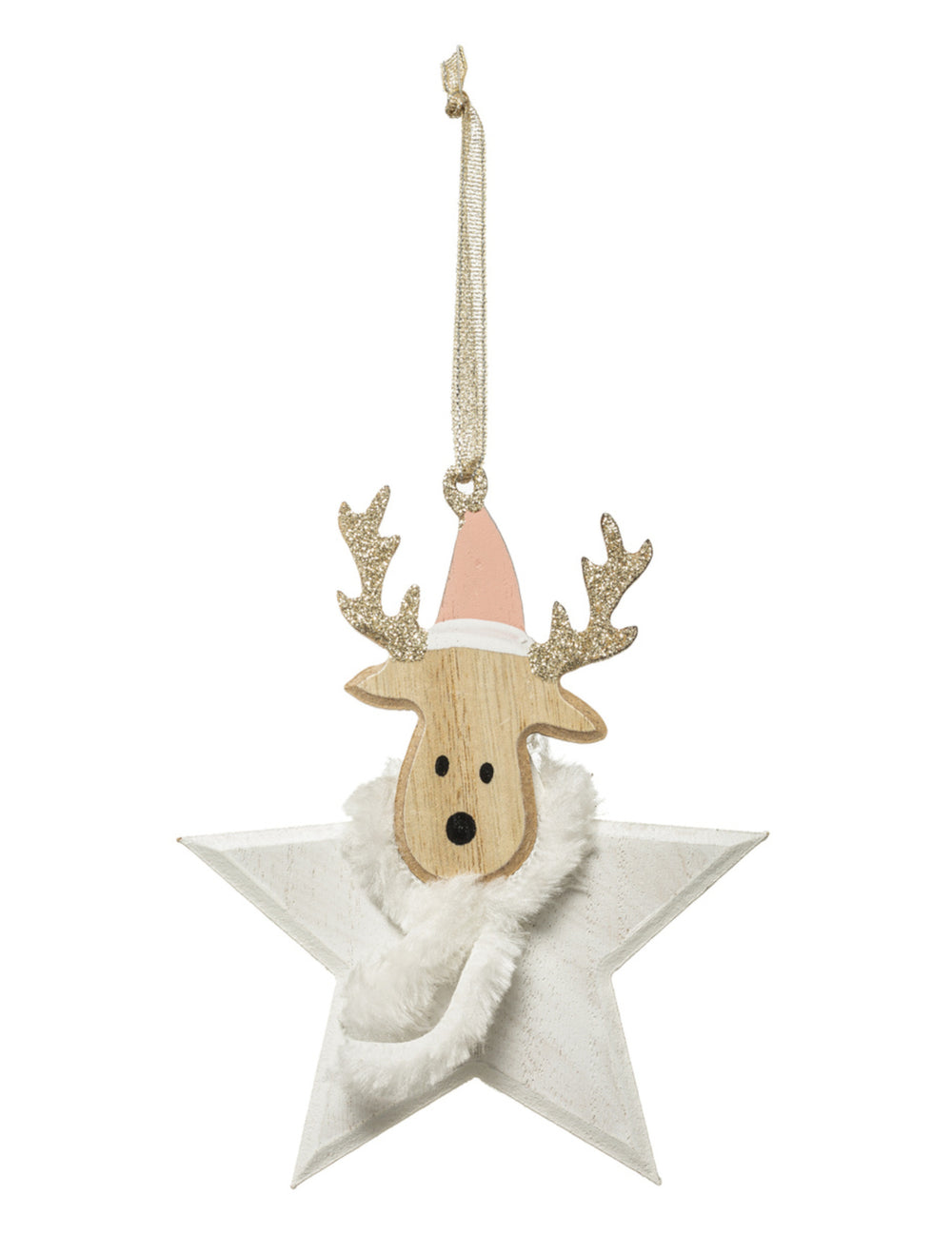 Suspension en bois renne étoile pour sapin avec bonnet rose et écharpe blanche