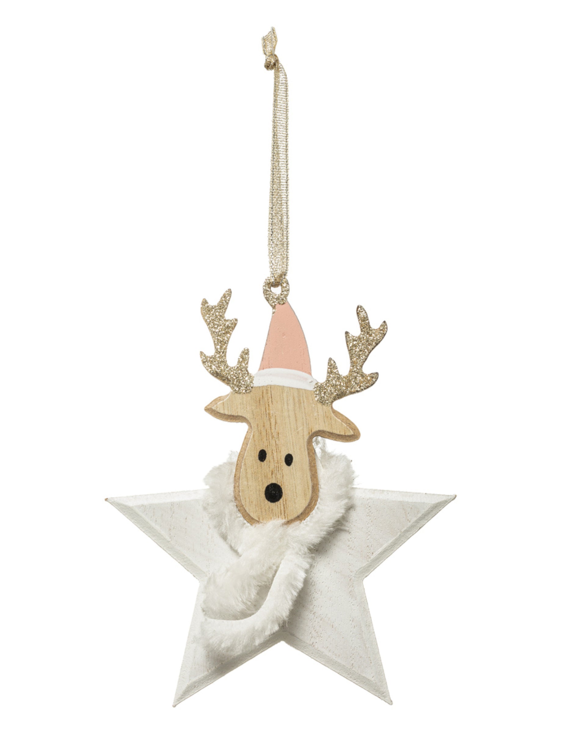 Suspension en bois renne étoile pour sapin avec bonnet rose et écharpe blanche