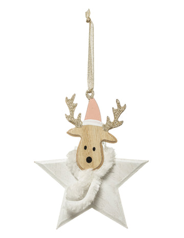 Drevená závesná dekorácia so sobím hviezdou 14 cm pre jedľu