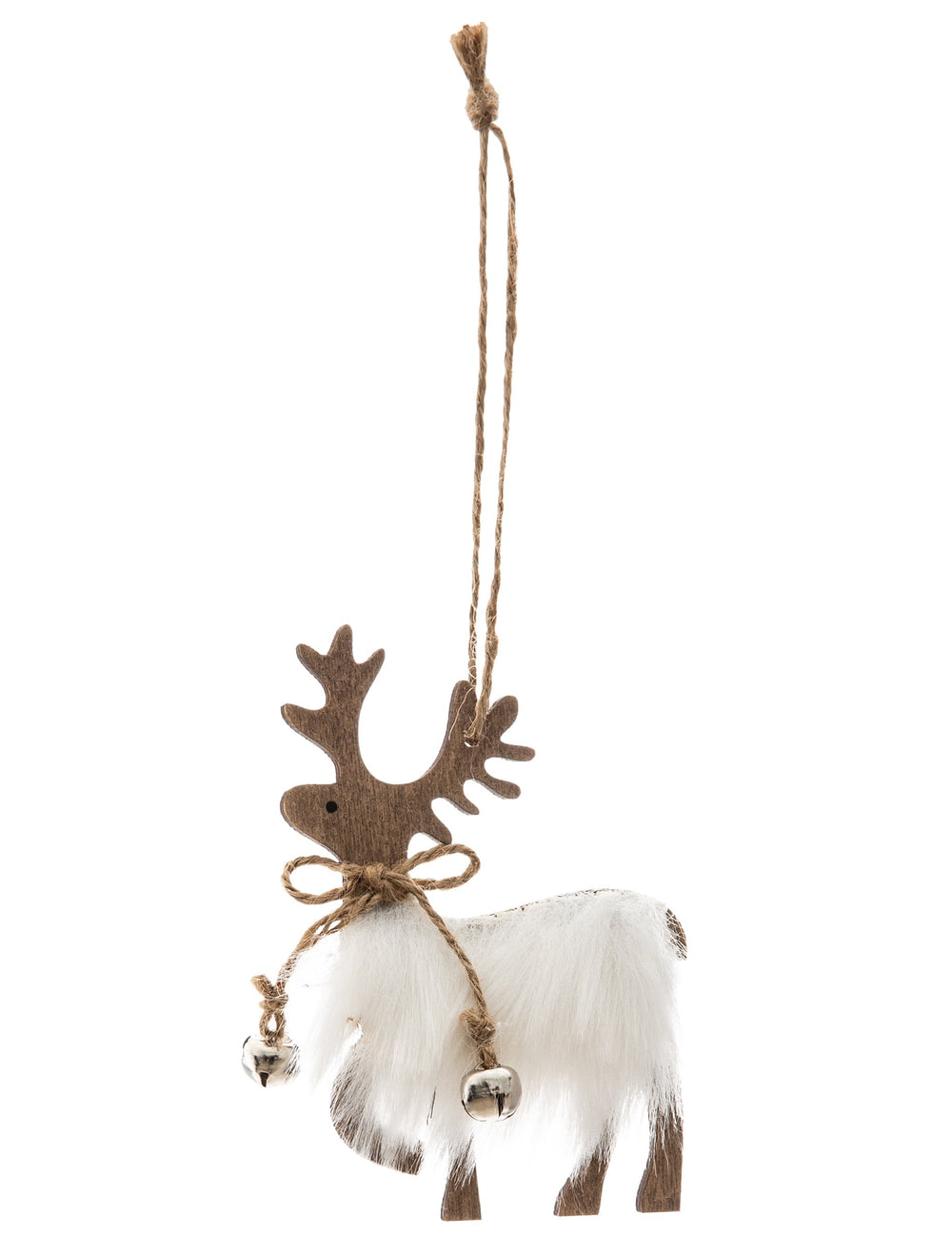 Suspension en bois renne pour sapin avec fourrure blanche et clochettes