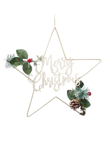 Zlatá kovová závesná ozdoba Veselé Vianoce s hviezdou 32 cm Vianočná výzdoba na stromček