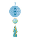 Suspension en papier alvéolé Oh Baby pour baby shower bleu et or avec tassel