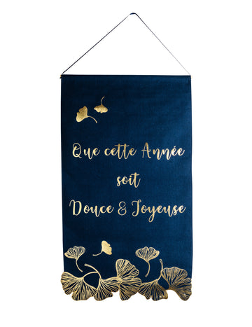 Závesná lampa Šťastný Nový Rok, ľanové ginko, námornícka modrá a zlatá, elegantná, 51,5 x 88 cm