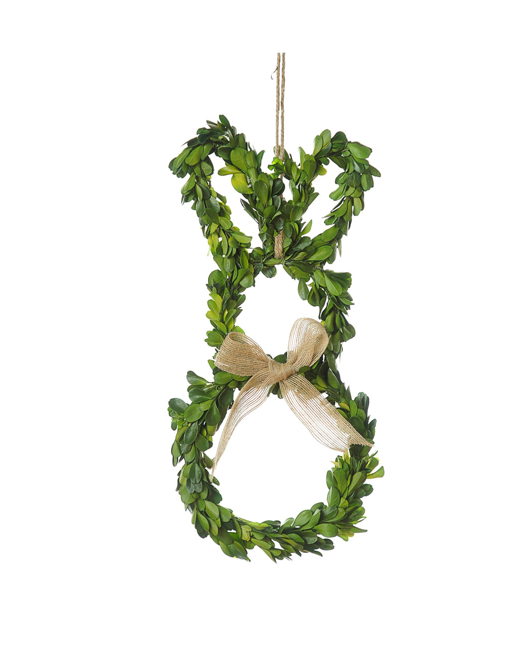 Suspension lapin pour décoration feuilles vertes avec nœud en jute