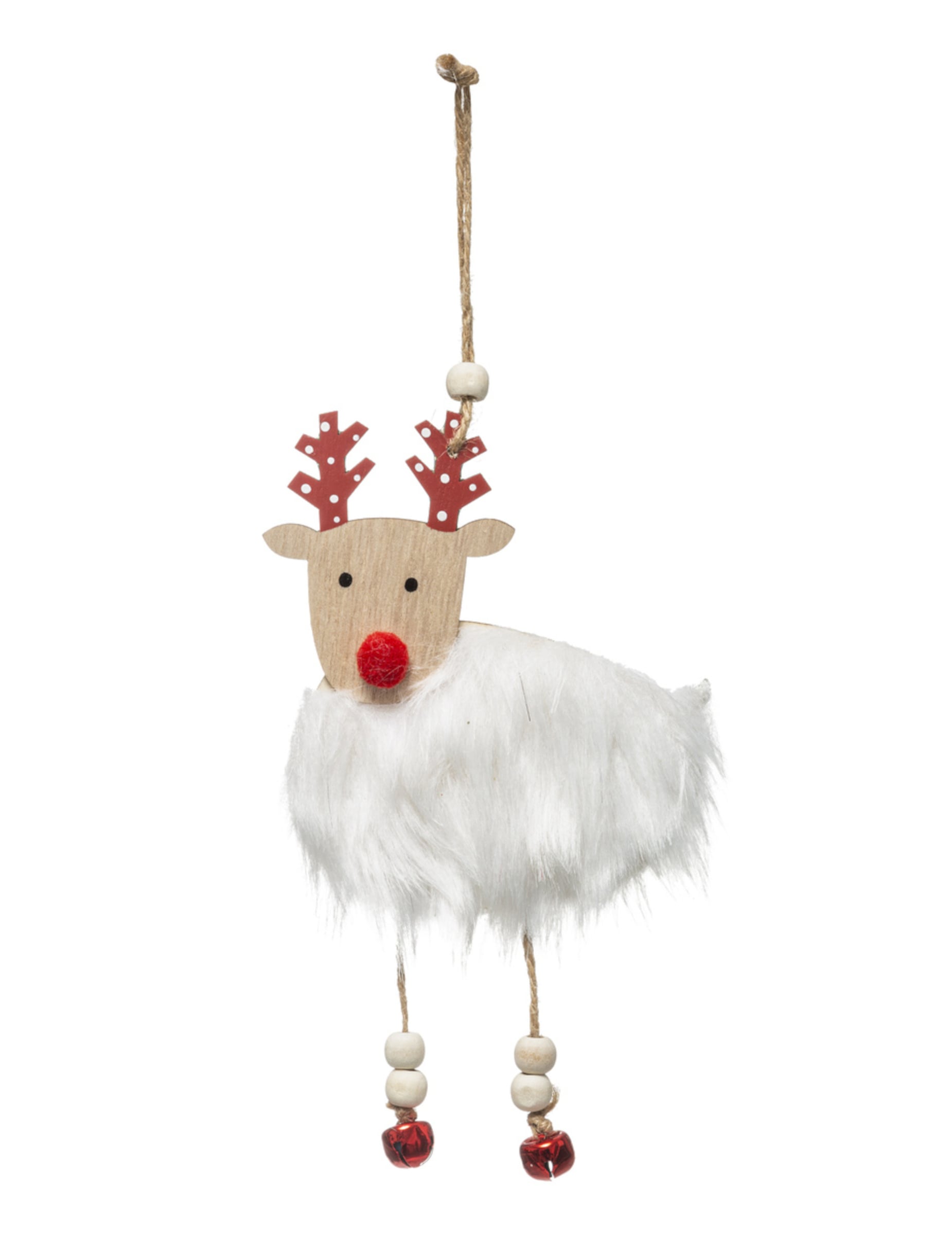 Suspension renne en bois pour décoration avec fourrure blanche et grelots rouges