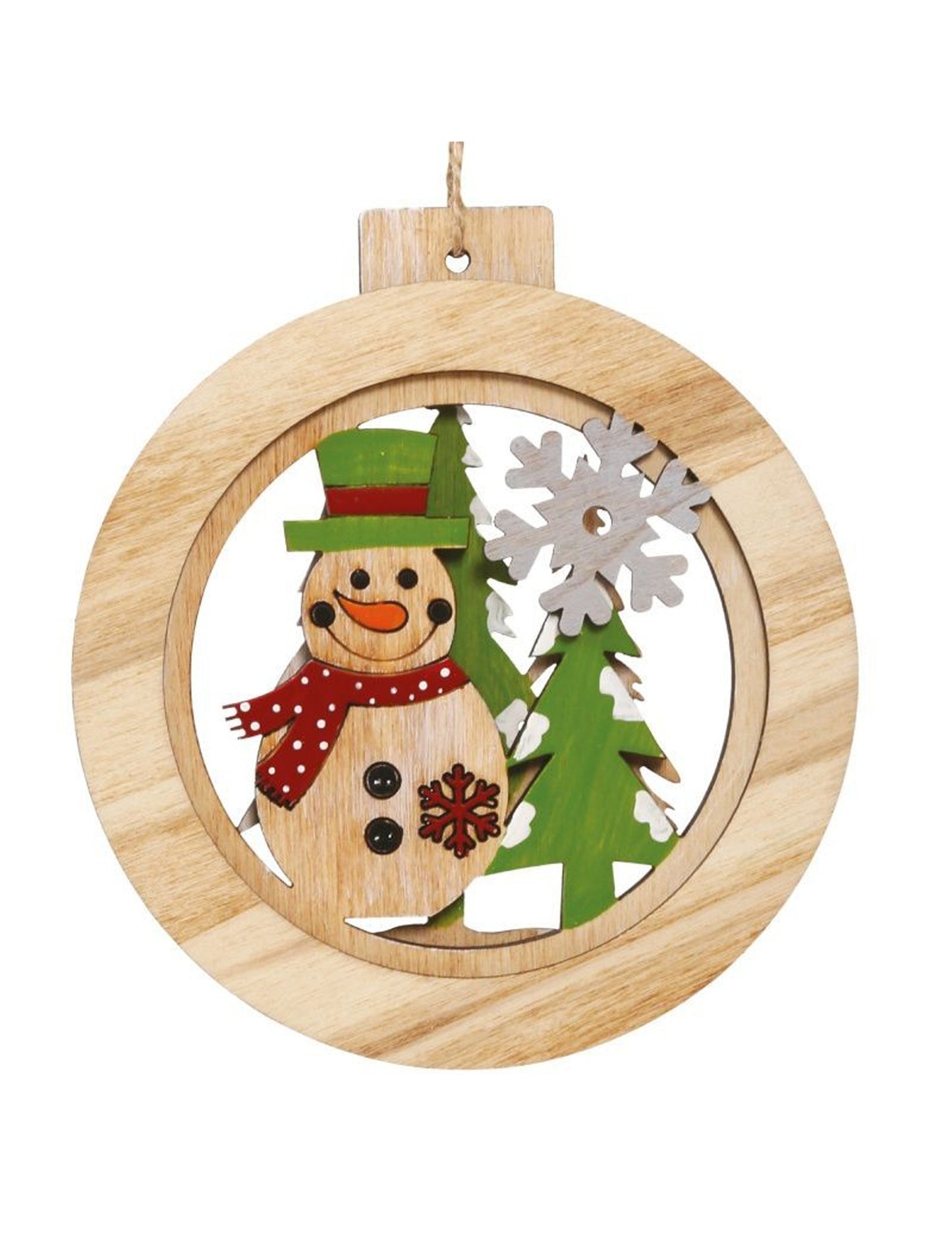 Okrúhla drevená závesná dekorácia snehuliaka 12 cm Vianočná výzdoba na stromček
