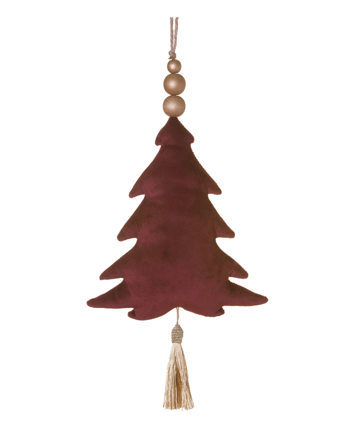 Suspension sapin pour décoration de Noël en velours bordeaux avec perles et tassel