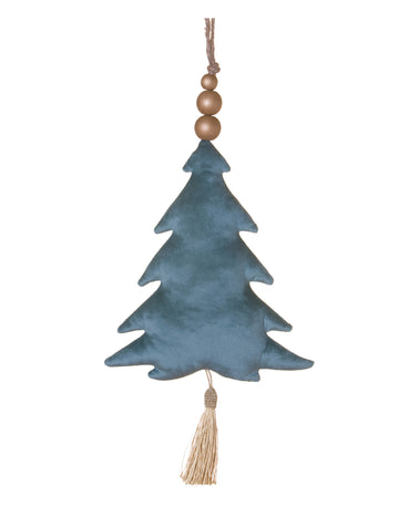 Modrá zamatová vianočná ozdoba na stromček 22 cm, slonovinový strapec a perly