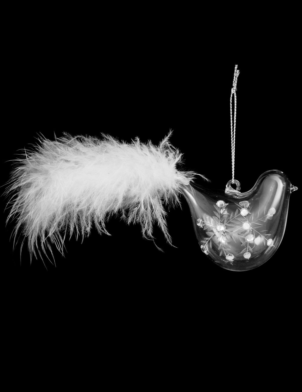Suspension oiseau pour sapin en verre et plumes blanches