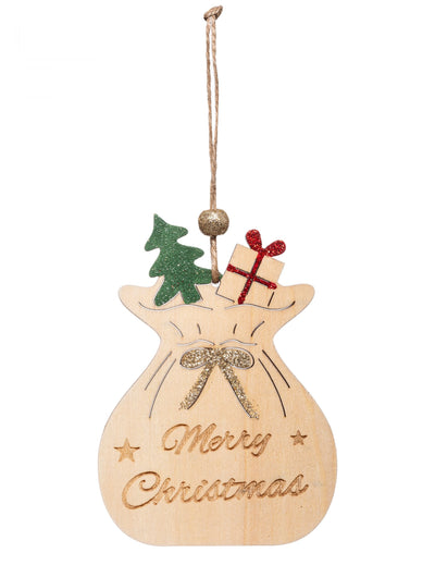 Suspension en bois hotte du père Noël naturel avec sapin vert et cadeau rouge