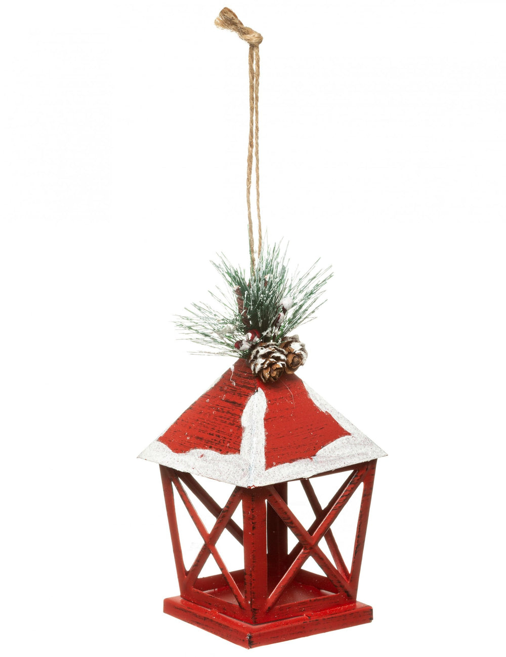 Suspension lanterne pour sapin rouge en fer avec décor de neige et pomme de pin